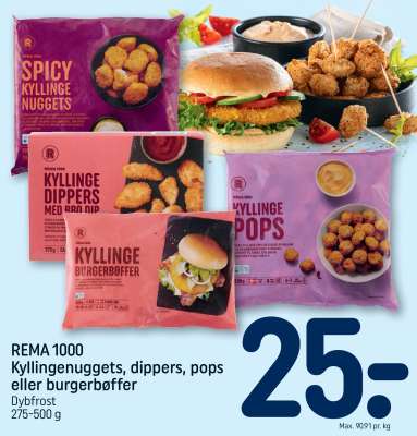 REMA 1000 Kyllingenuggets, dippers, pops eller burgerbøffer