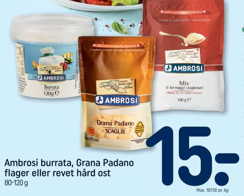 Ambrosi burrata, Grana Padano flager eller revet hård ost