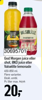 God Morgen juice eller shot, ØKO juice eller Valsølille lemonade