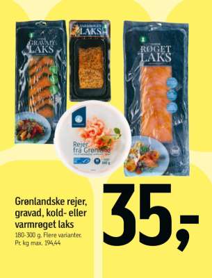 Grønlandske rejer, gravad, kold- eller varmrøget laks