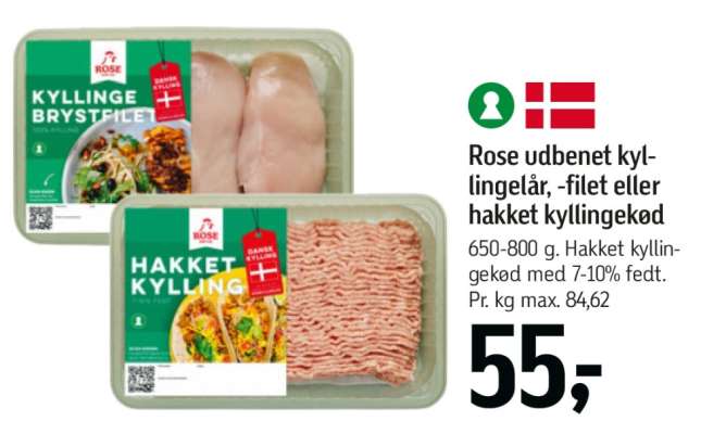 Rose udbenet kyllingelår, -filet eller hakket kyllingekød