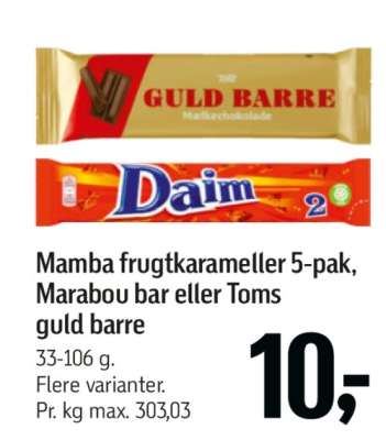 Mamba frugtkarameller 5-pak, Marabou bar eller Toms guld barre