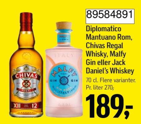 Diplomatico Mantuano Rom, Chivas Regal Whisky, Malfy Gin eller Jack Daniel’s Whiskey