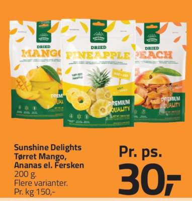 Sunshine Delights Tørret Mango, Ananas el. Fersken