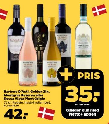 Barbera D’Asti, Golden Zin, Montgras Reserva eller Rocca Alata Pinot Grigio