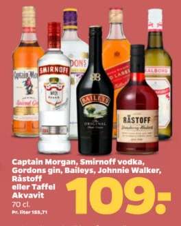 Captain Morgan, Smirnoff vodka, Gordons gin, Baileys, Johnnie Walker, Råstoff eller Taffel Akvavit