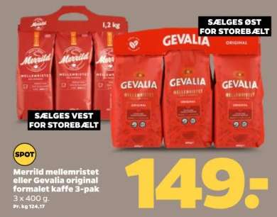 Merrild mellemristet eller Gevalia original formalet kaffe 3-pak