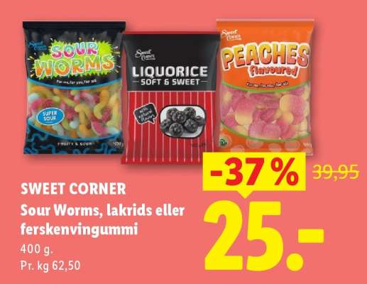 SWEET CORNER Sour Worms, lakrids eller ferskengummi