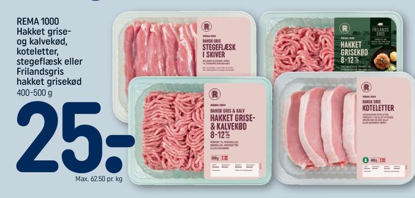 REMA 1000 Hakket grise- og kalvekød, koteletter, stegeflæsk eller Frilandsgris hakket grisekød