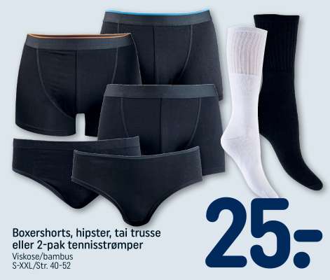 Boxershorts, hipster, tai trusse eller 2-pak tennissokker