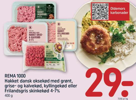 Hakket dansk oksekød med grønt, grise- og kalvekød, kyllingekød eller Frilandsgris skinkekød 4-7%