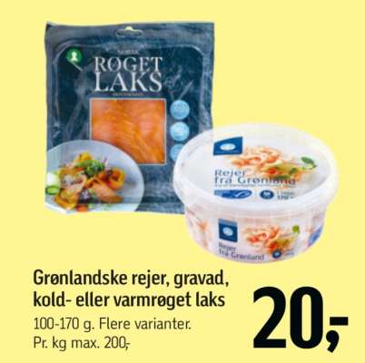 Grønlandske rejer, gravad, kold- eller varmrøget laks