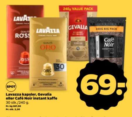 Lavazza kapsler, Gevalia eller Café Noir instant kaffe