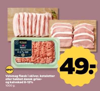 Velsmag flæsk i skiver, koteletter eller hakket dansk grise- og kalvekød