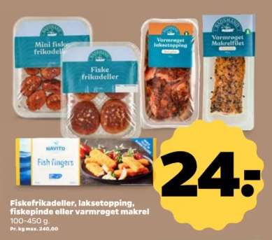 Fiskefrikadeller, laksetopping, fiskepinde eller varmrøget makrel
