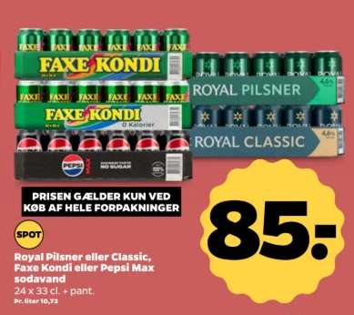 Royal Pilsner eller Classic, Faxe Kondi eller Pepsi Max sodavand