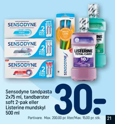 Sensodyne tandpasta 2x75 ml, tandbørster soft 2-pak eller Listerine mundskyl 500 ml