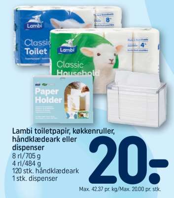 Lambi toiletpapir, køkkenruller, håndklædeark eller dispenser