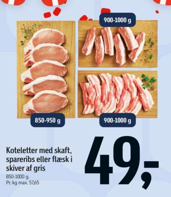 Koteletter med skaft, spareribs eller flæsk i skiver af gris