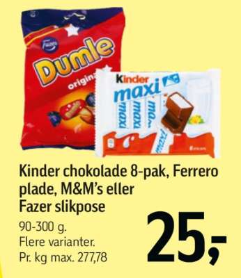 Kinder chokolade 8-pak, Ferrero plade, M&M’s eller Fazer slikpose
