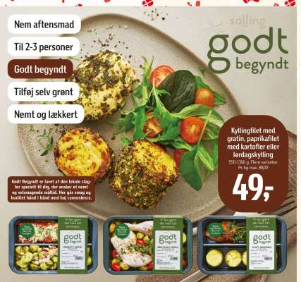 Kyllingfilet med gratin, paprikafilet med kartofler eller lørdagskylling