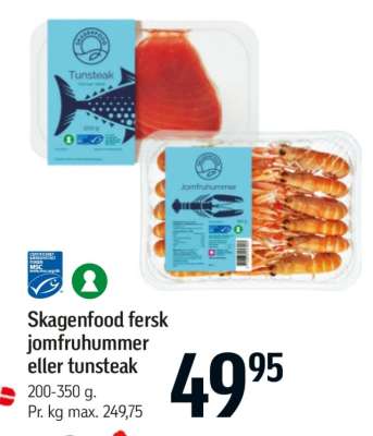 Skagenfood fersk jomfruhummer eller tunsteak