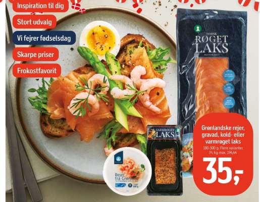 Grønlandske rejer, gravad, kold- eller varmrøget laks