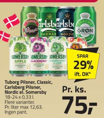 Tuborg Pilsner, Classic, Carlsberg Pilsner, Nordic el. Somersby