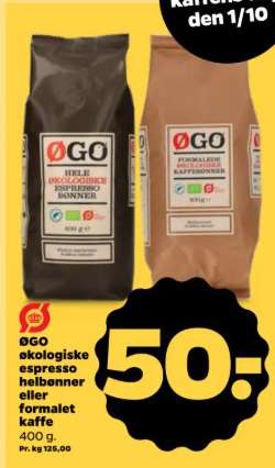 ØGO ekologiske espresso helbønner eller formalet kaffe