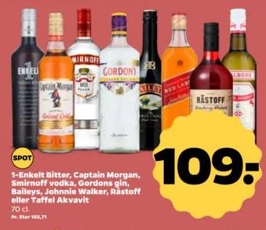 Enkelt Bitter, Captain Morgan, Smirnoff vodka, Gordons gin, Baileys, Johnnie Walker, Råstoff eller Taffel Akvavit