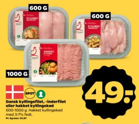 Dansk kyllingefilet, -inderfilet eller hakket kyllingekød