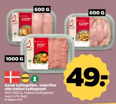 Dansk kyllingefilet, -inderfilet eller hakket kyllingekød