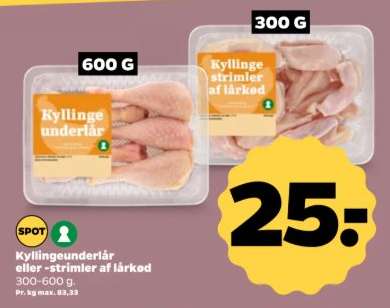 Kyllingeunderlår eller -strimler af lårkød