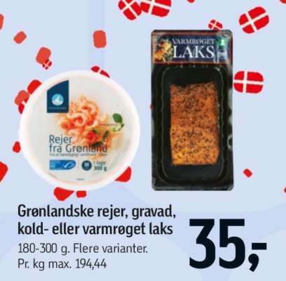 Grønlandske rejer, gravad, kold- eller varmrøget laks