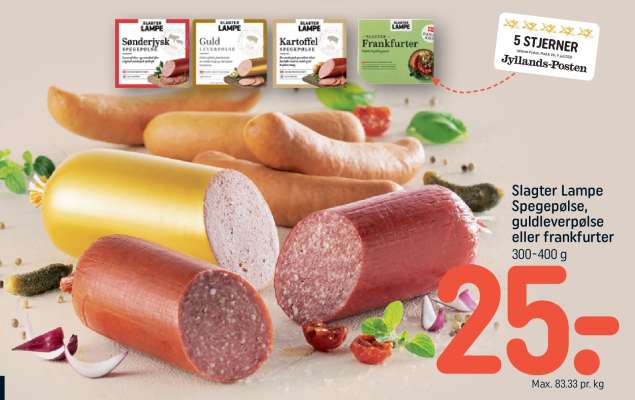 Slagter Lampe Spegepølse, guldelverpølse eller frankfurter