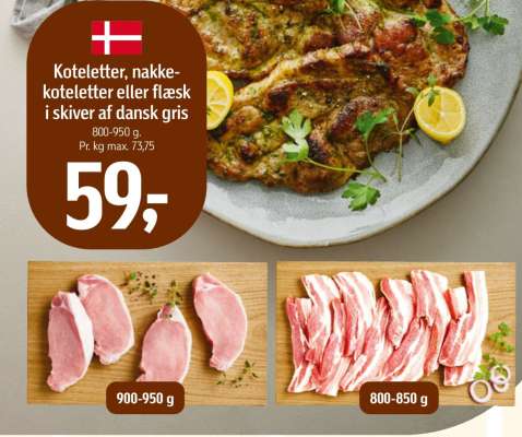 Koteletter, nakkekoteletter eller flæsk i skiver af dansk gris