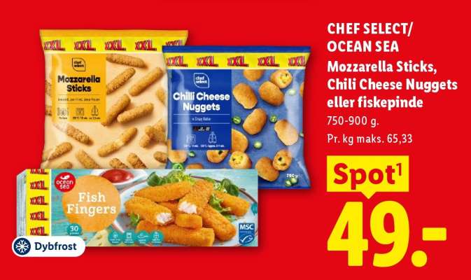 Mozzarella Sticks, Chili Cheese Nuggets eller fiskepinde