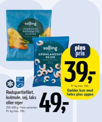 Rødspættefilet, kulmule, sej, laks eller rejer