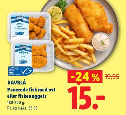 HAVBLÅ Panerede fisk med ost eller fiskenuggets