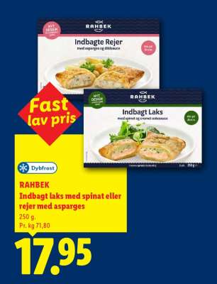 RAHBEK Indbagt laks med spinat eller rejer med asparges